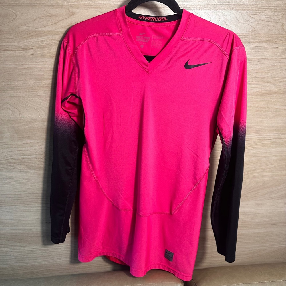 Nike Pro Combat Hypercool Mens Pink Black Ombre Long Sleeve Compression Shirt M